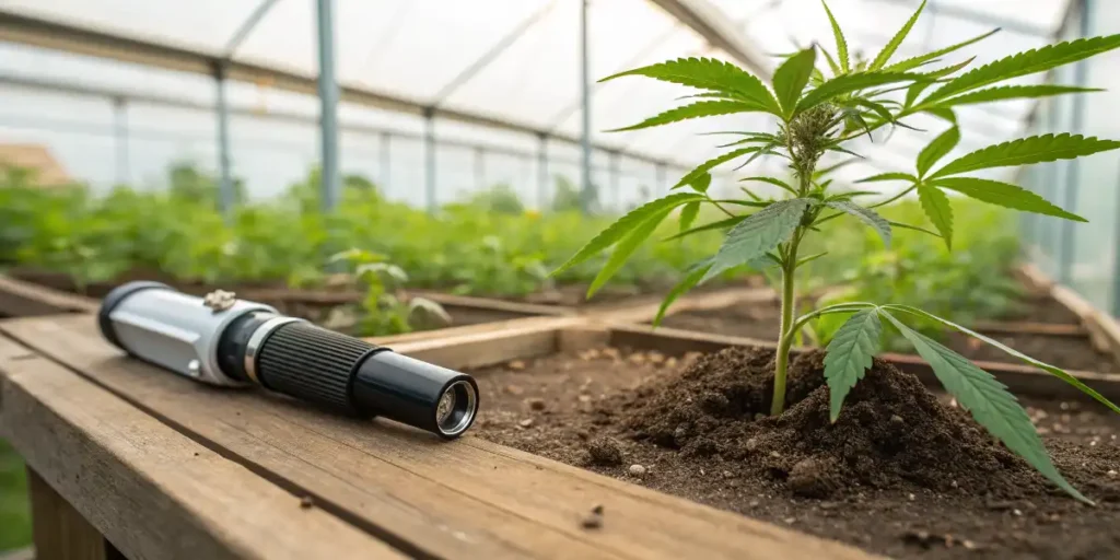 Refractometer next to cannabis plant in living soil measuring brix levels