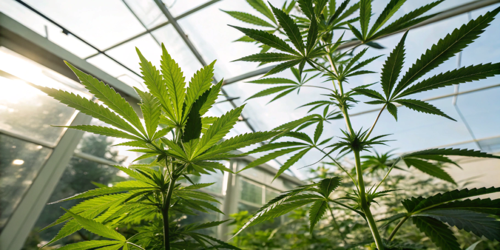 Tall Sativa cannabis plant with thin leaves in greenhouse sunlight