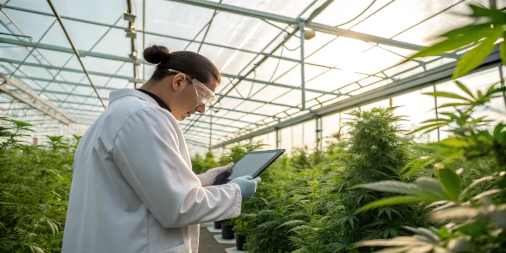 researchers examining cannabis molecular structure and genetic data on screen