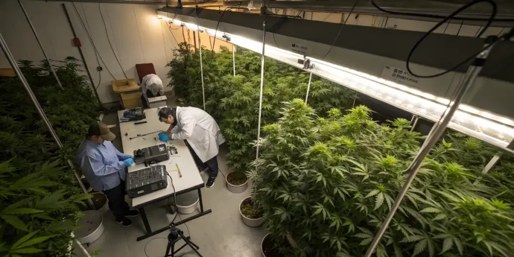 Test Brix in cannabis inside indoor grow room with plants under artificial lighting