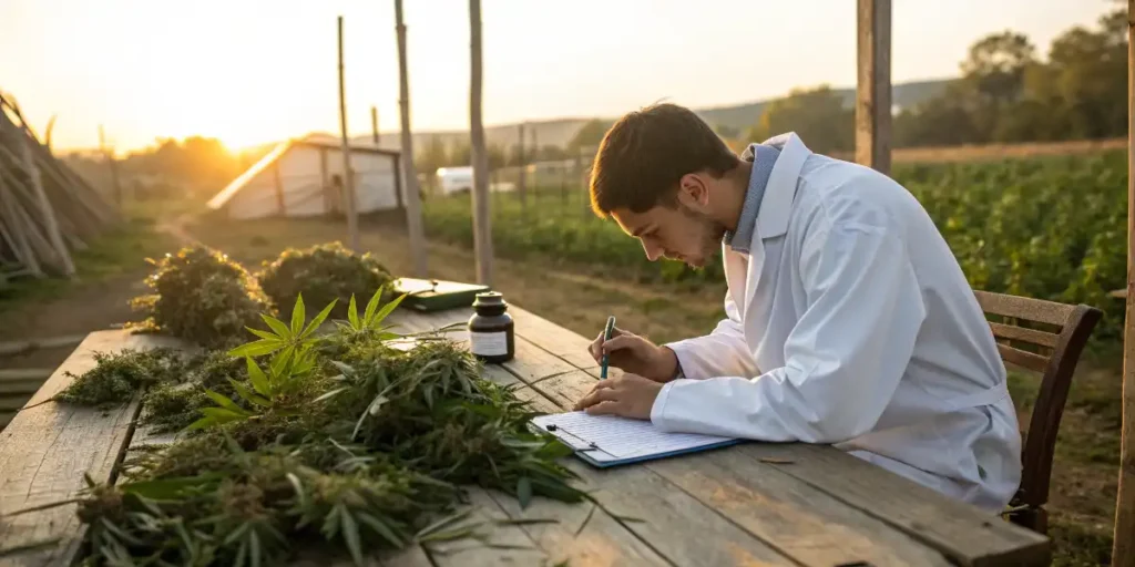 Test Brix in cannabis with growers inspecting plants and recording measurements indoors