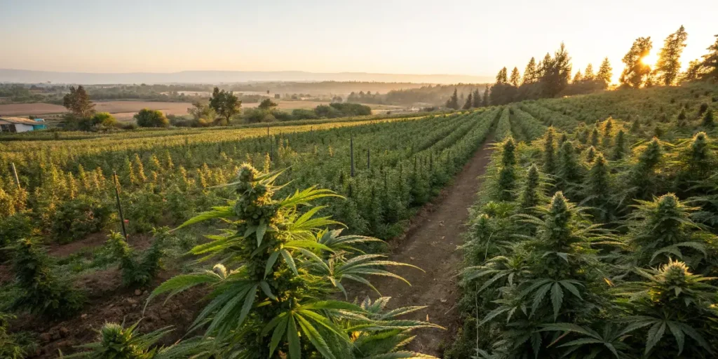 Cannabis plants grown in rows showing consistent structure due to stable genetics.