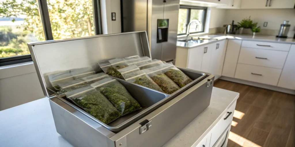 Vacuum-sealed cannabis bags stored in metal container