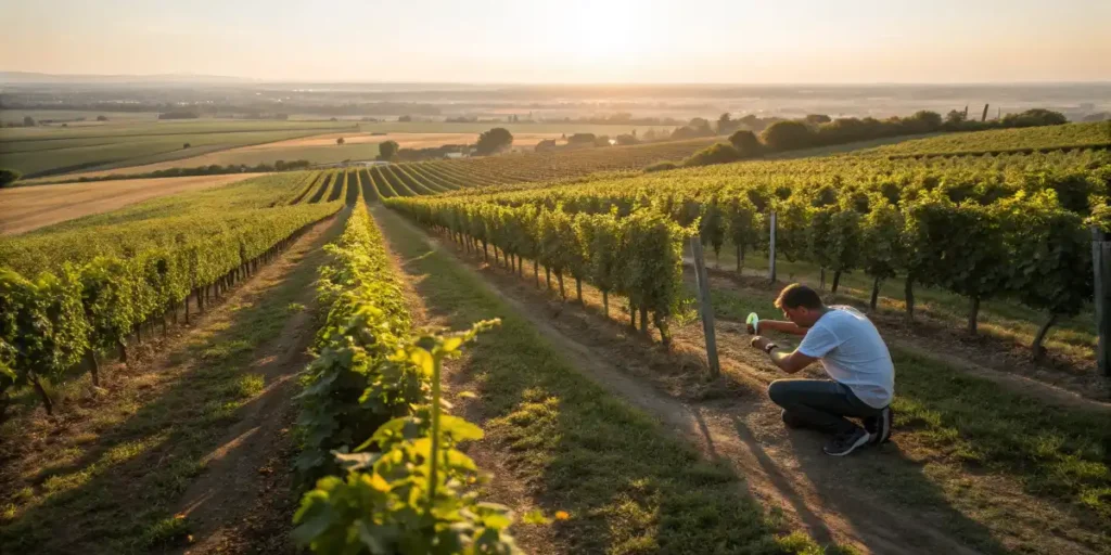 farmer measuring crop health vineyard brix monitoring