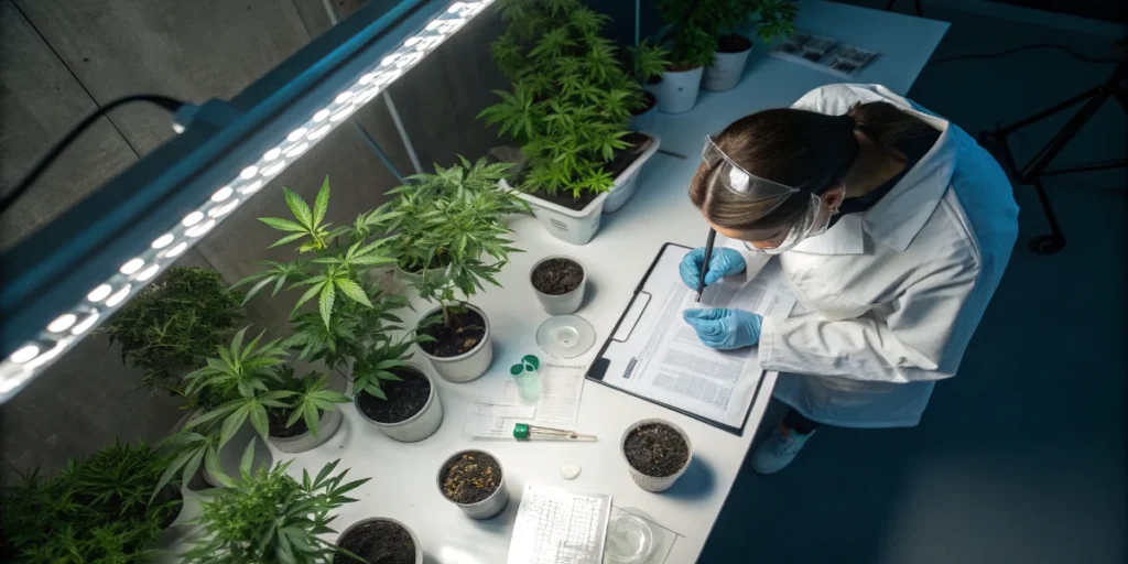 scientist testing water quality cannabis plants indoor lab