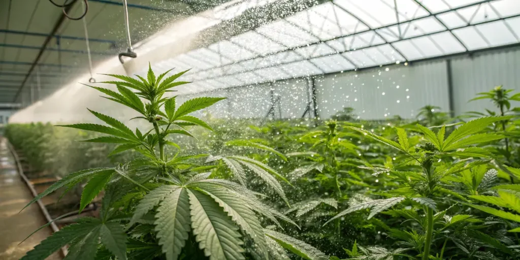 Overhead watering cannabis plants in greenhouse, showing irrigation practices that can impact leaf health.
