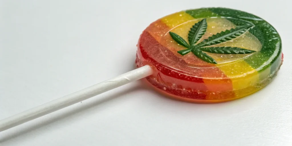 Multicolored edible lollipop with cannabis leaf design on white surface
