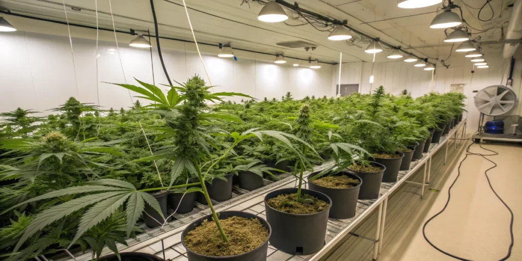 Indoor cannabis grow room with overcrowded plants and inadequate ventilation promoting microbial growth