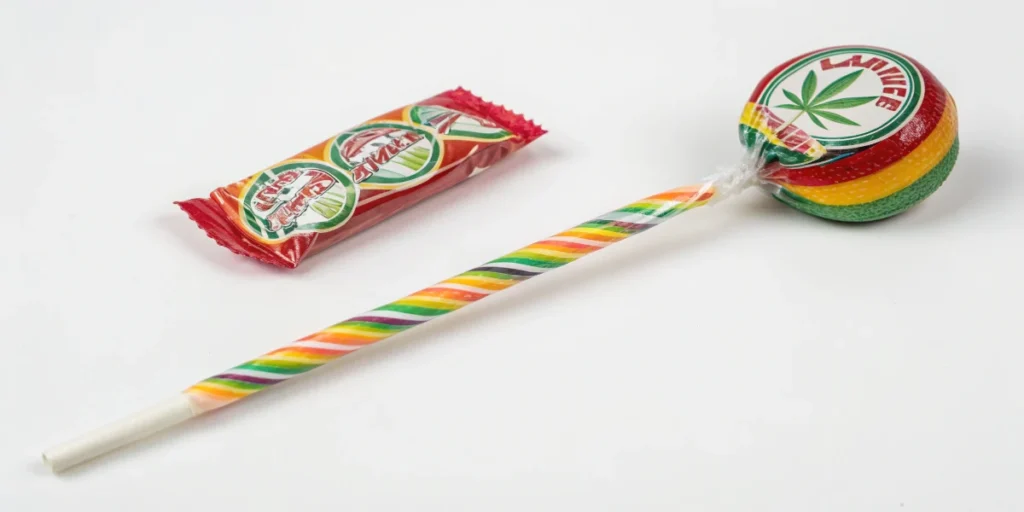 Wrapped cannabis-themed rainbow lollipop with colorful striped stick
