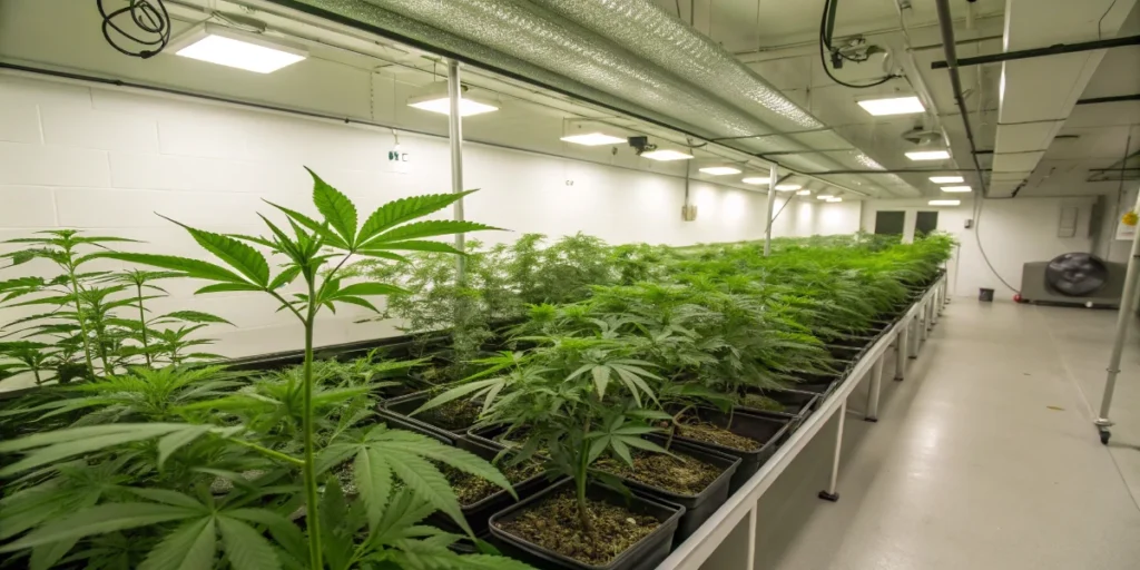 Indoor cannabis processing area with trimming equipment and potential contamination control measures