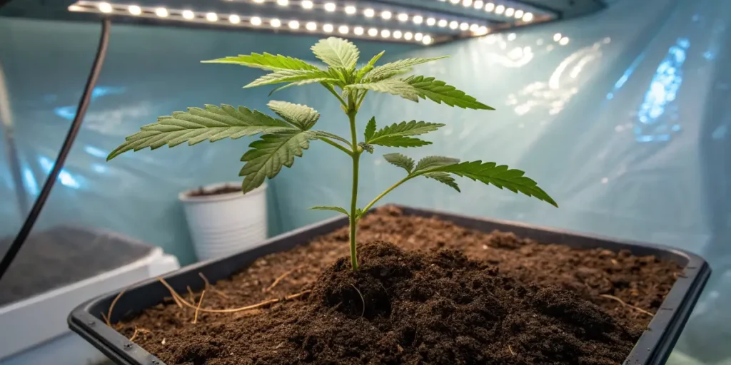 Young cannabis plant growing indoors under LED light in controlled environment