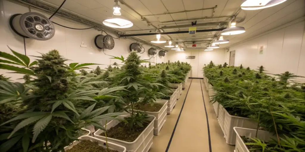 Advanced indoor cannabis cultivation room equipped with environmental sensors and LED lighting systems