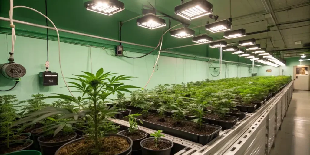 Cannabis cultivation facility with climate control systems and airflow management for contamination prevention