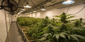 Indoor cannabis grow room using environmental monitoring systems to reduce microbial contamination risks