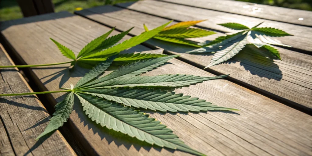 cannabis leaves placed on a wooden outdoor table