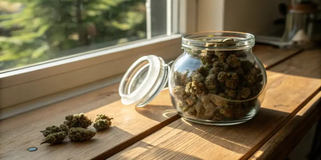 airtight glass jar with cannabis flower stored on wooden surface indoors
