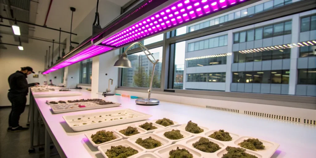 cannabis samples under laboratory lighting for THC stability testing