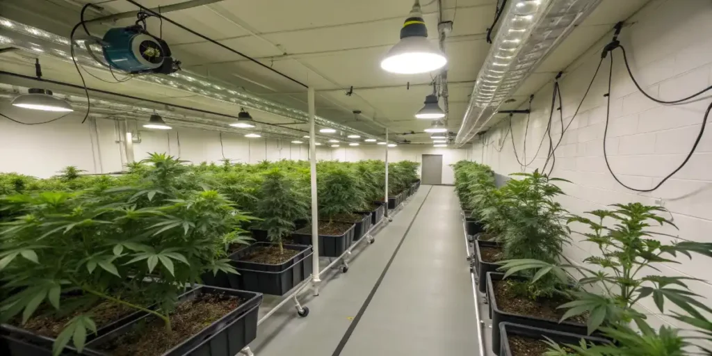 Large indoor cannabis flowering room requiring fungal and mycotoxin control