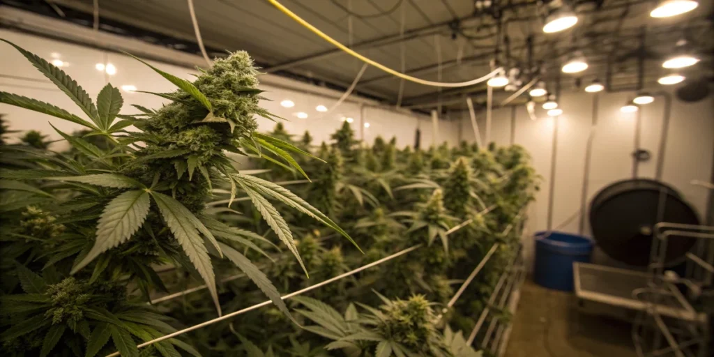 cannabis flower and leaves with visible moisture in greenhouse