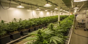 indoor cannabis grow with high THC plants bred for stable potency