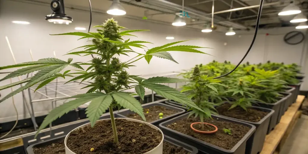 indoor cannabis plants growing under controlled lighting environment