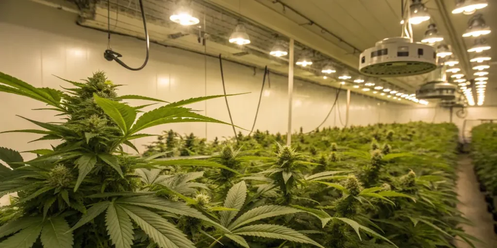 indoor cannabis plants flowering under commercial grow lights