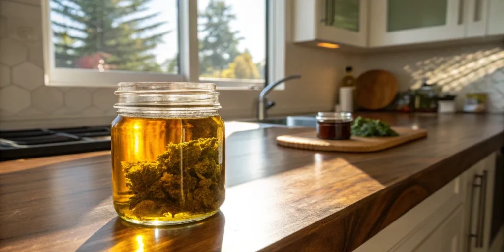 infused cannabis oil stored in a glass jar to preserve cannabinoids