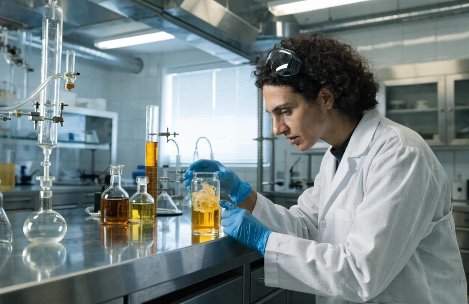 scientist analyzing cannabis extract for cannabinoid oxidation and THC degradation