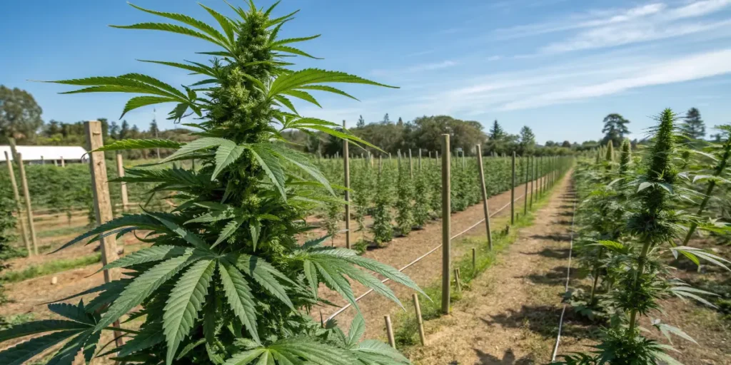 large cannabis plants growing in organized outdoor field rows