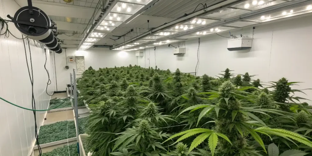 large indoor cannabis flowering room with dense canopy