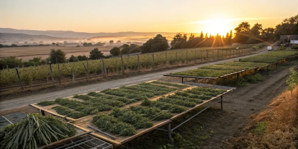 outdoor cannabis harvest prepared for drying at sunset