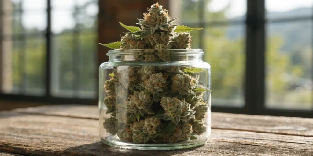 cannabis buds stored in a glass jar for long-term preservation