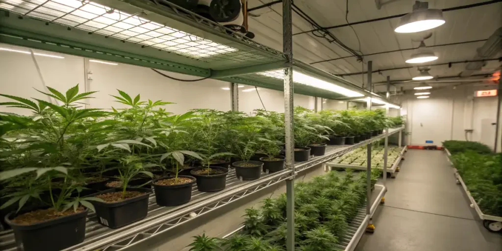 Cannabis plants grown on indoor shelving systems with controlled environmental conditions