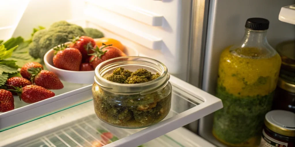 cannabis concentrate stored in a glass jar inside a refrigerator
