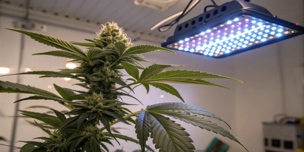 THC rich cannabis plant growing under LED lights