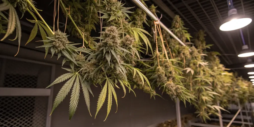 cannabis branches hanging upside down to dry after harvest
