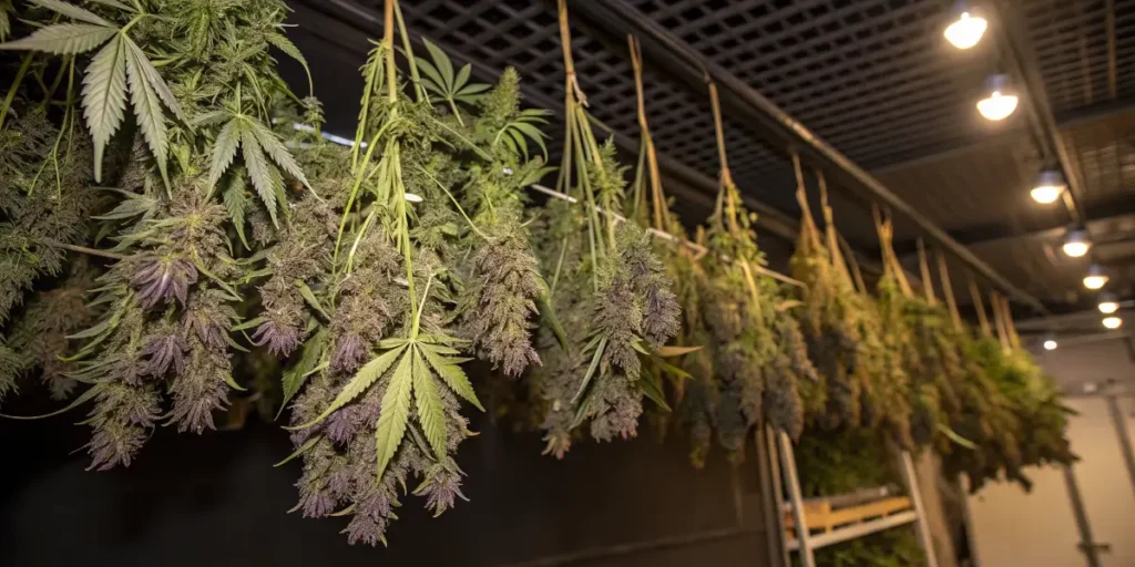 fresh cannabis branches hanging to dry after harvest indoors