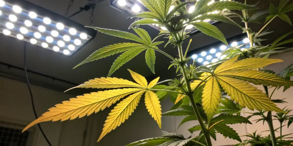 Light cause cannabis leaf chlorosis with yellowing leaves under strong LED grow lights in indoor setup.
