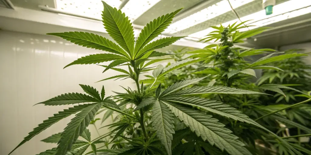 healthy cannabis plant in vegetative stage growing indoors under LED lights