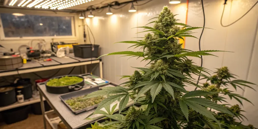 Cannabis plant flowering indoors in grow room