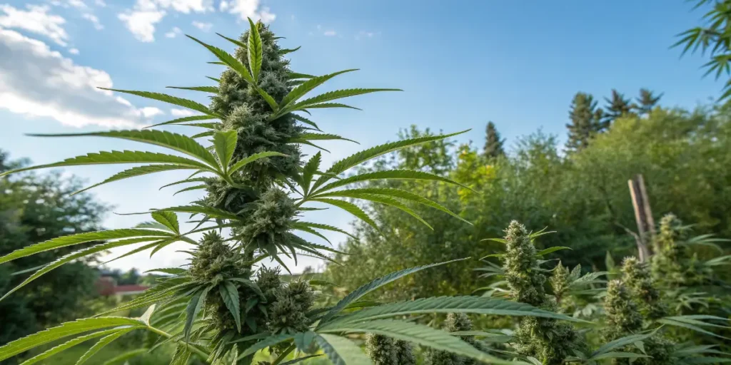 Cannabis plants flowering in outdoor field under blue sky