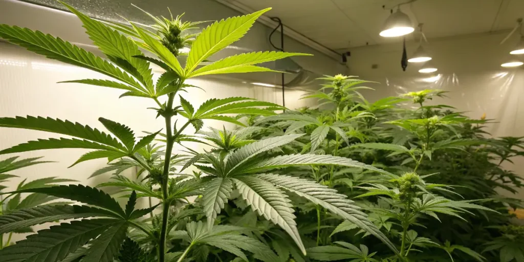 cannabis plants growing indoors during vegetative stage under grow lights