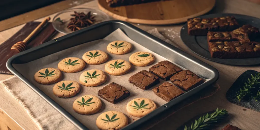 do Cannabis Edibles Go Bad. A baking tray filled with cannabis-infused cookies and brownies decorated with marijuana leaf motifs.