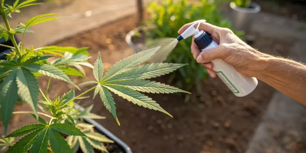 Foliar spray for cannabis leaf applied with hand sprayer on outdoor plant with healthy green foliage