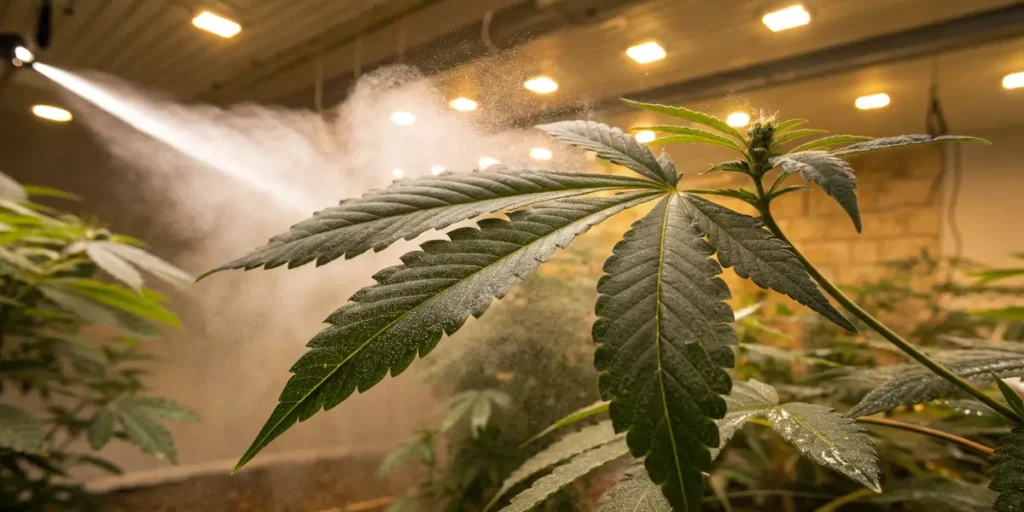Foliar spray for cannabis leaf applied to potted plant with broad green leaves in outdoor setting