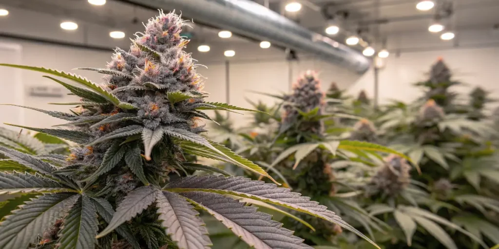 purple cannabis buds growing indoors under cultivation lights
