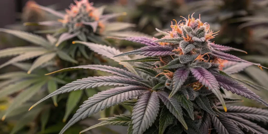 purple cannabis plants growing indoors in flowering room