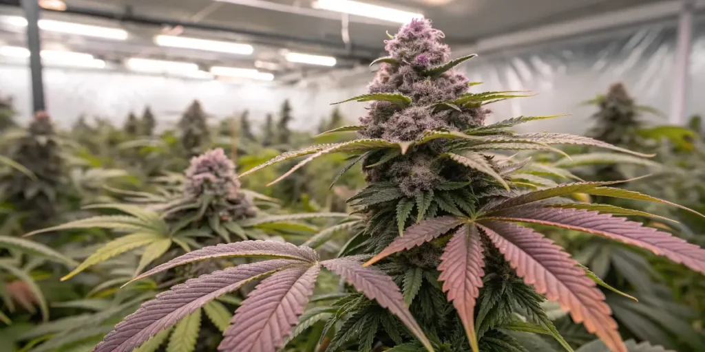 purple cannabis buds covered in trichomes during flowering stage