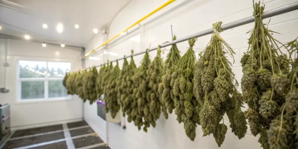 cannabis buds hanging upside down drying after harvest indoors