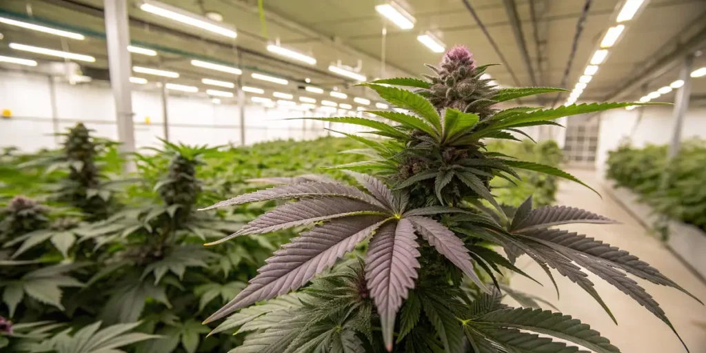 cannabis plant growing in vegetative stage under indoor grow lights